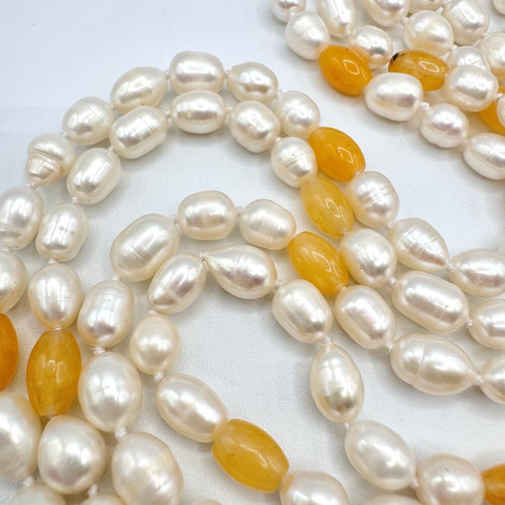 Flapper Length Cultured Pearl and Peach Gemstone Necklace Knotted Beachy Summery - Picture 9 of 16